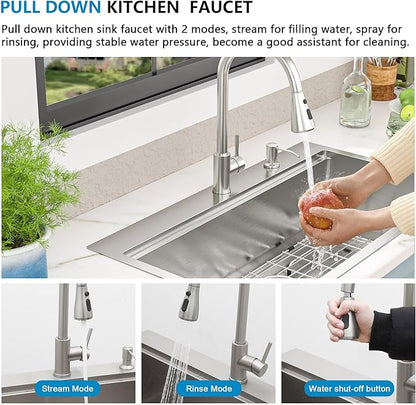 33 Kitchen Sink Drop In - Fulorni 33"x19" Ledge Workstation Top Mount 16 Gauge 304 Stainless Steel Over Mount Single Bowl Sink Basin with Faucet, Soap Dispenser
