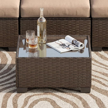 Patio Furniture Set, 7-Piece Outdoor Sectional Couch with Coffee Table & Thick Cushions, Outdoor Wicker Conversation Set for Backyard, Poolside, Garden (Brown-Camel, 7 Piece-Single)
