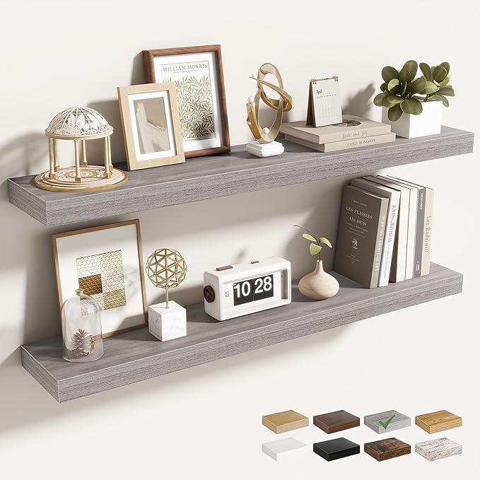 Acovy 36 Inch Floating Shelves for Wall 2 Pack, 36" Wall Shelves for Books, Storage, Decor, Wall Mounted Floating Shelf with Invisible Brackets for Kitchen, Living Room, Gray