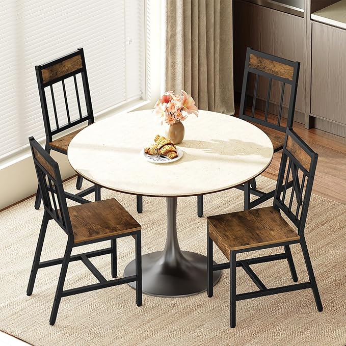 YATINEY Dining Chairs Set of 4, Industrial Kitchen Chairs with Metal Frame, Slanted Back, Wooden Dining Chair Set, for Kitchen, Living Room, Rustic Brown and Black CY03L4BR
