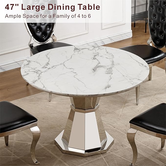 47" Round Marble Dining Table for 4-6, Luxury Modern Kitchen Table with Marble Grain MDF tabletop & Silver Mirrored Stainless Steel Pedestal Base, White Stone Dinner Table for Dining Room (Table Only)