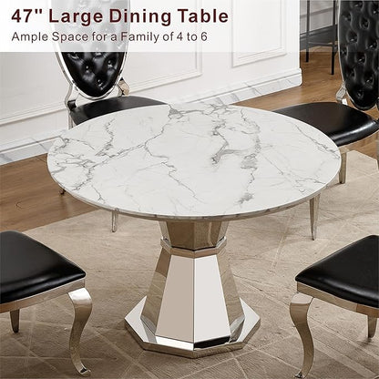 47" Round Marble Dining Table for 4-6, Luxury Modern Kitchen Table with Marble Grain MDF tabletop & Silver Mirrored Stainless Steel Pedestal Base, White Stone Dinner Table for Dining Room (Table Only)