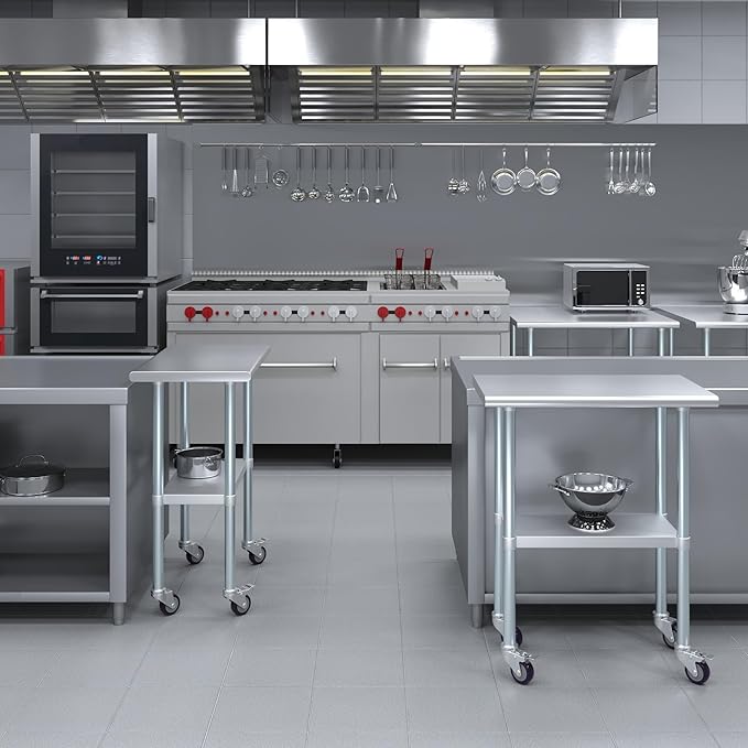 Stainless Steel Work Table with Wheels | NSF Kitchen Island Food Prep | Laundry Garage Utility Bench (Table + Wheels, 30" Long x 18" Deep)