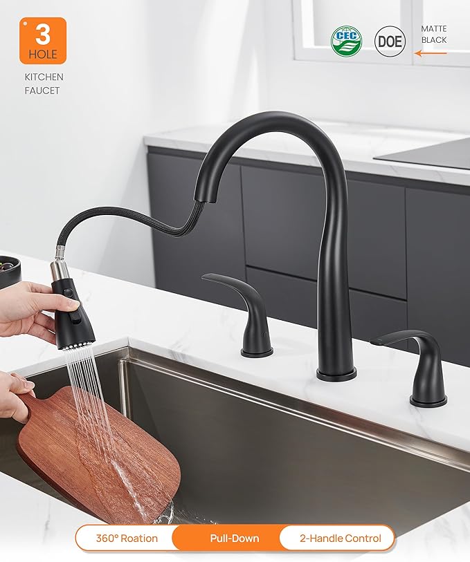 TIORIY Black Kitchen Faucet 3 Hole with Pull Down Sprayer, 2-Handle High Arc Kitchen Sink Faucet with 3 Function Spray, Stainless Steel, T-3005B