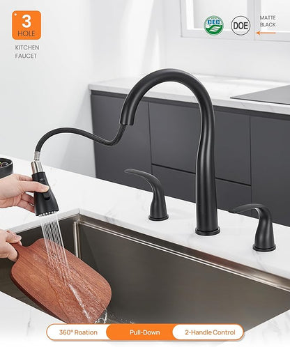 TIORIY Black Kitchen Faucet 3 Hole with Pull Down Sprayer, 2-Handle High Arc Kitchen Sink Faucet with 3 Function Spray, Stainless Steel, T-3005B