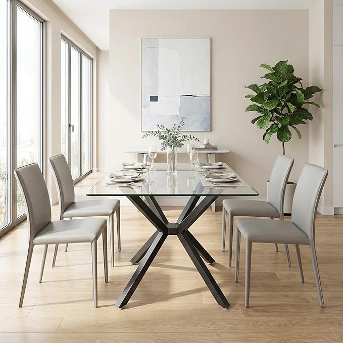 47.24" Rectangular Glass Dining Table, Tempered Glass Small Kitchen Table with Metal Tubular Legs, Stylish and Sturdy Clear Dinner Table for Home and Outdoor