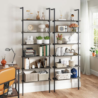 Giantex 6-Tier Ladder Shelf, 72" Wall Mounted Bookshelf with Metal Frame, Industrial Open Storage Shelves, Wooden Bookcase Display Rack for Living Room, Home Office, Bedroom,Gray