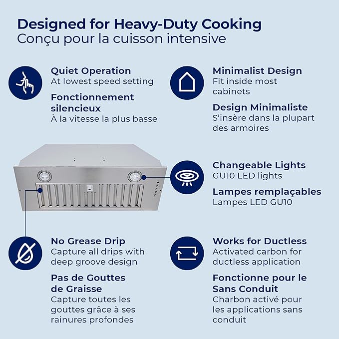 Hauslane Range Hood Insert 30 Inch, Hood Vent for Kitchen Low Noise Perfomance, Stainless Steel Ductless/Ducted Range Hood, Professional Grade Baffle Filters, LED Lamps, Kitchen Vent Hood 11.25" Deep