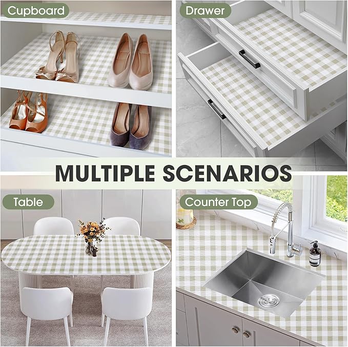 Drawer and Shelf Liner, Non-Slip Kitchen Cabinet Liners Non-Adhesive Thick Strong Grip Waterproof Washable Mats Protect Dresser Shelves Cupboard Bathroom Cabinets, Yellow Plaid, 24 in X 30 FT