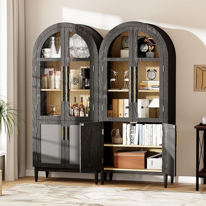 71" Arched Storage Cabinet, 5-Tier Modern Arched Cabinet with Glass Doors, Tall Arched Cabinet Adjustable for Living Room, Dining Room Office, Black
