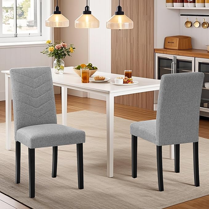 VECELO Upholstered Dining Chairs Set of 2, Fabric Wood Legs High Back for Kitchen Living Room, Light Gray