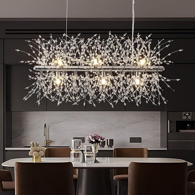 Modern Crystal Chandeliers Firework, 9-Light Chrome Rectangle Linear Dandelion Dining Room Chandelier, Mid Century Sputnik Firework Ceiling Light Fixture for Living Room Kitchen Island Store (L 28.8")