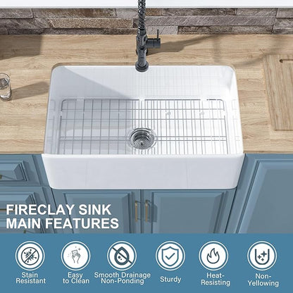 White Farmhouse Sink 30 x 18 Inch, Firecaly Apron Front Undermount Farm Kitchen Sink Single Bowl, with Custom Accessories 2 Types, for Kitchen, Laundry, Small Space