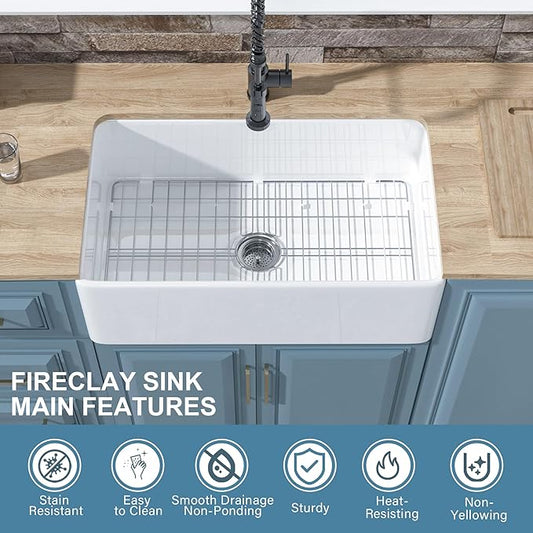 White Farmhouse Sink 30 x 18 Inch, Firecaly Apron Front Undermount Farm Kitchen Sink Single Bowl, with Custom Accessories 2 Types, for Kitchen, Laundry, Small Space