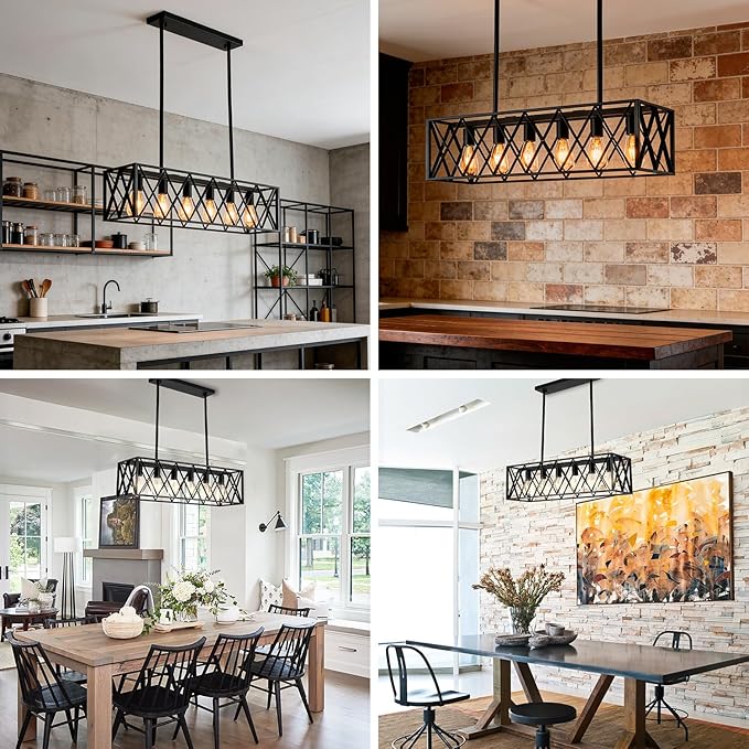 Farmhouse Chandelier for Dining Room Kitchen Island Pendant Lighting 6-Light Black Metal Industrial Bar Chandelier Vintage Hanging Rectangle Linear Light Fixtures