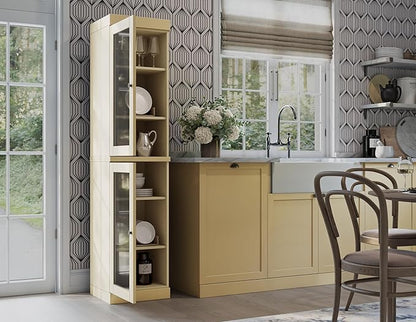 Palace Imports Solid Wood Kitchen Pantry Cabinet w/Glass Doors - Narrow Storage Cabinet - 16.5" Wide x 71.5" Tall - Yellow, Adjustable Shelves, 100% Eco-Friendly Wood, Modular Cabinets