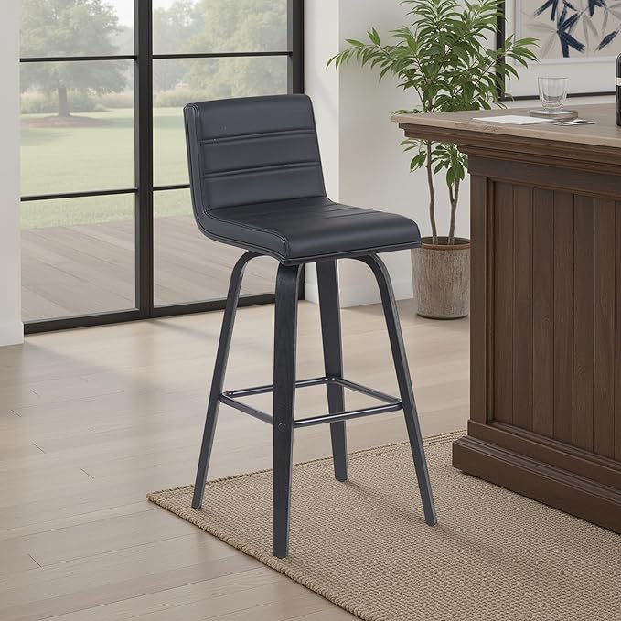 Vienna Modern Swivel Bar Height Stool with Black Faux Leather Seat and Black Brushed Wood Frame Set of 4