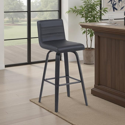 Vienna Modern Swivel Bar Height Stool with Black Faux Leather Seat and Black Brushed Wood Frame Set of 4
