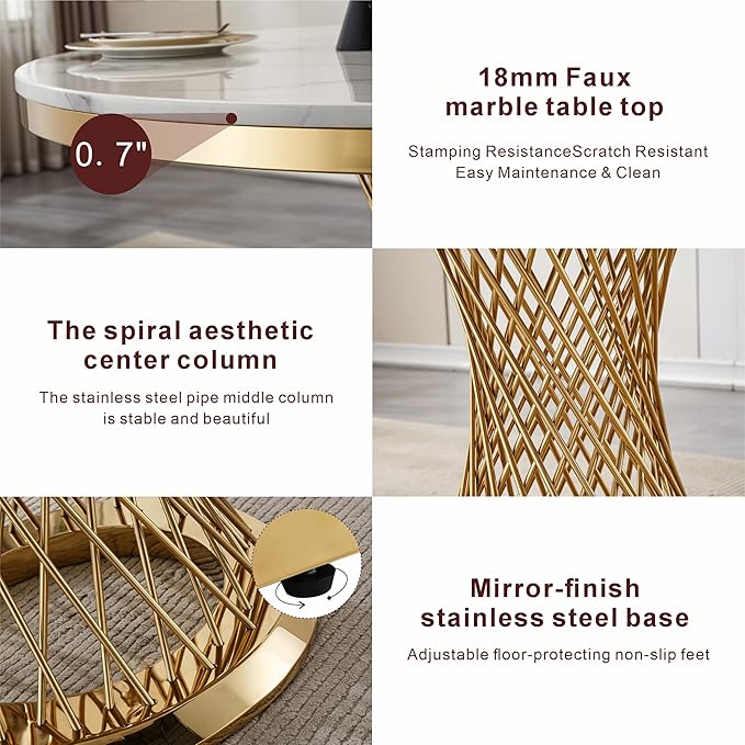 47" Round Dining Table for 4-6 People, Modern Faux Marble Kitchen Table with Gold Mirrored Stainless Steel Pedestal Base, Luxury White Stone Tabletop Dinner Table for Dining Room (Table Only)