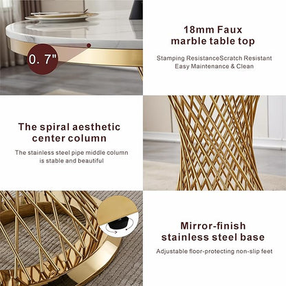 47" Round Dining Table for 4-6 People, Modern Faux Marble Kitchen Table with Gold Mirrored Stainless Steel Pedestal Base, Luxury White Stone Tabletop Dinner Table for Dining Room (Table Only)