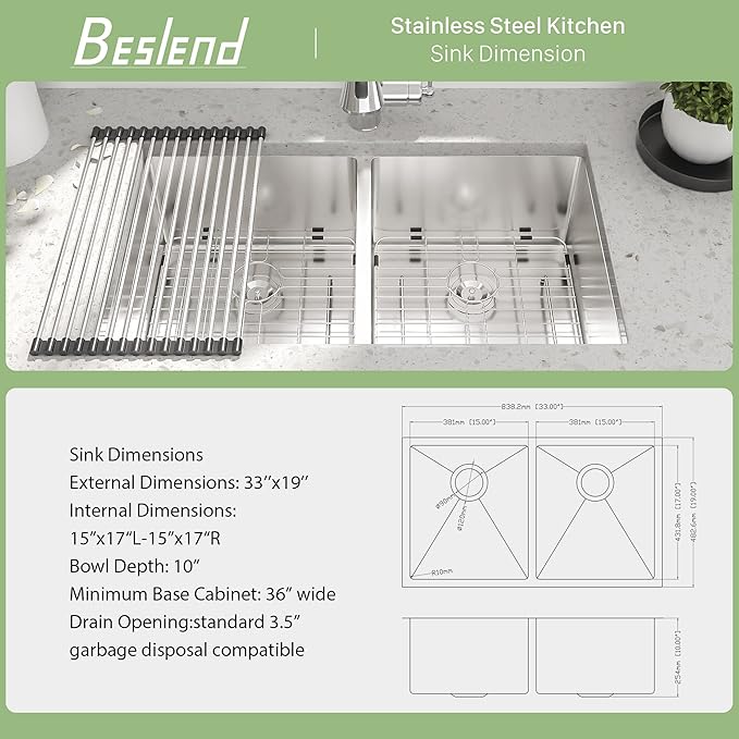 33 Undermount Double Bowl Kitchen Sink - Beslend 33x19x10 Inch Double Sink Stainless Steel Undermount Sinks 16 Gauge 50/50 Double Bowl Sinks