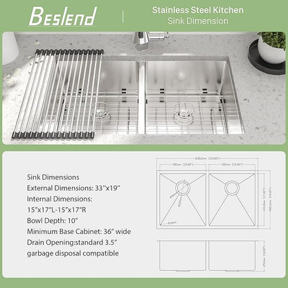33 Undermount Double Bowl Kitchen Sink - Beslend 33x19x10 Inch Double Sink Stainless Steel Undermount Sinks 16 Gauge 50/50 Double Bowl Sinks