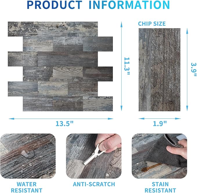 Art3d 10-Sheet Peel and Stick Backsplash PVC Wall Tile, Stickon Tile for Kitchen Backplash, Bathroom Vanities, Fireplace Decor, Laundry Table, Stair Decals in Spruce Grey Rustic, Plastic-Sheets