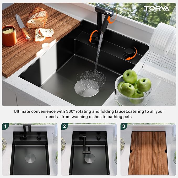 TORVA RV Kitchen Sink, 16 x 21 x 7 Inch Undermount Bar Sink 16 Gauge Stainless Steel Single Bowl Sink with Foldable Faucet Cutting Board, Dark Grey