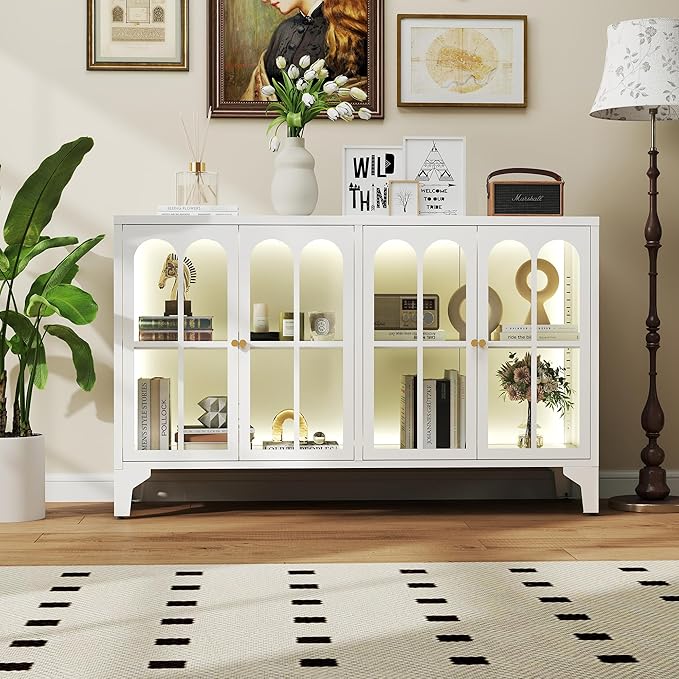 Foreate Sideboard Buffet Cabinet with Glass Door & LED Light, 53.2" Large Buffet Cabinet with Storage & Adjustable Shelf, Farmhouse Sideboard Credenzas Metal Kitchen Buffet, White