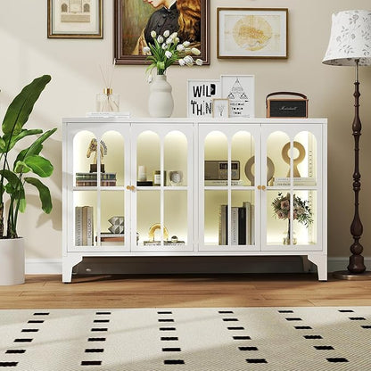 Foreate Sideboard Buffet Cabinet with Glass Door & LED Light, 53.2" Large Buffet Cabinet with Storage & Adjustable Shelf, Farmhouse Sideboard Credenzas Metal Kitchen Buffet, White