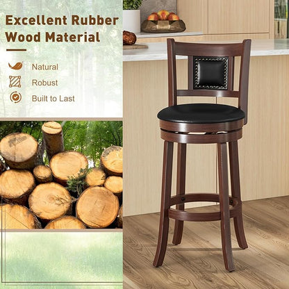 ERGOMASTER Set of 4 Swivel Bar Stools 30.5 Inch Height - 360° Rotating PU Leather Counter Stools with Backrest & Footrest, Brown Tobacco Wood Kitchen Island Stools, 250 lbs Capacity