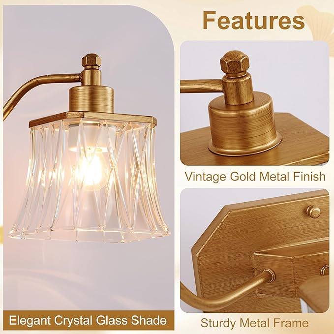 Vintage Bathroom Light Fixtures, 3-Light Gold Vanity Light with Ribbed Crystal Glass Shade, 21.4" Brushed Gold Vanity Lights for Bathroom Bedroom Living Room Hallway, E26 Base