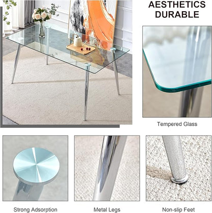 Baysitone Glass Dining Table for 4 with 63 inch Clear Tempered Glass Top, 0.31" Modern Rectangular Glass Kitchen Table Furniture with 4 Black Metal Legs for Home Kitchen Room