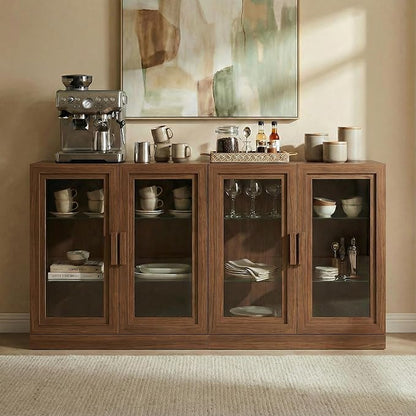 Casaphoria Adam Sideboard Buffet Cabinet with Storage, Display Cabinet with Glass Doors & Adjustable Shelves, 62" W x 36" H Buffet Cabinet for Entryway Kitchen Living Room, Walnut