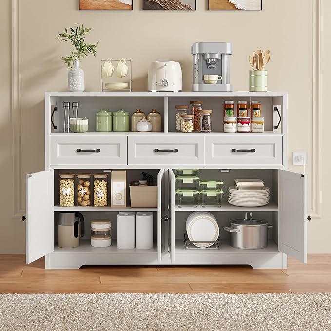 Ahomly 51" Buffet Cabinet with Adjustable Storage, Charging Port - 3 Drawers & 4 Doors Large Sideboard, Multi - Scene Coffee Bar/Microwave Stand for Kitchen,Living Room,Entryway（White）