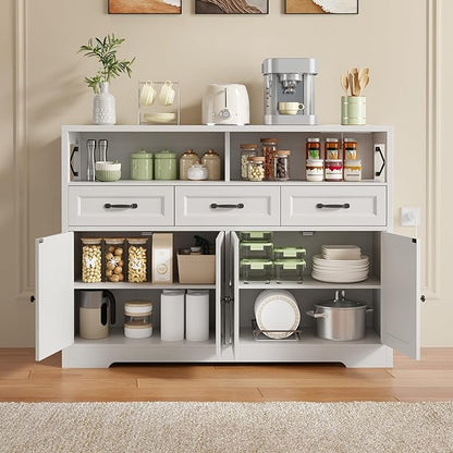 Ahomly 51" Buffet Cabinet with Adjustable Storage, Charging Port - 3 Drawers & 4 Doors Large Sideboard, Multi - Scene Coffee Bar/Microwave Stand for Kitchen,Living Room,Entryway（White）