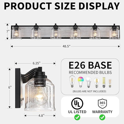 Vanity Lights for Bathroom Large 48 inch, Farmhouse Rustic Vanity Light with Bubble Glass Shades, Gray 6 Light Bathroom Lighting Fixtures Over Mirror, Bath Wall Sconce Home Decor