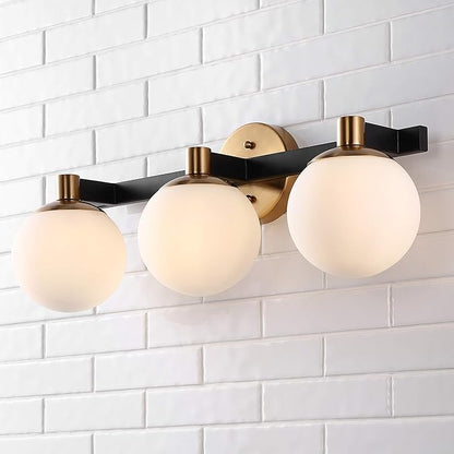 JONATHAN Y 24" Brass Gold/Black Modern Globe LED Vanity Wall Sconce Light, White Frosted Glass Shade, Mid-Century Art Deco Wall Lamp for Bathroom, Kitchen, Hallway (JYL3542A)