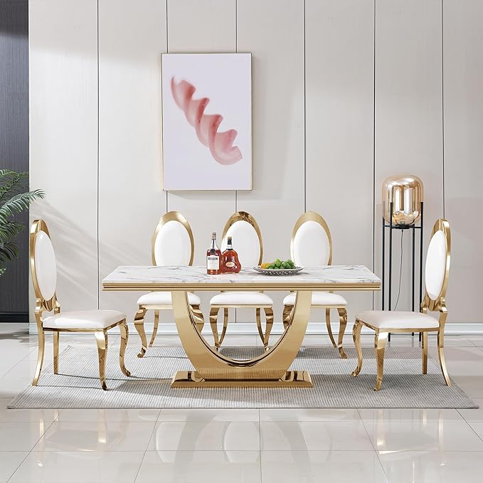 Modern Dining Table for 6-8, 68 Inch White Marble Kitchen Dining Room Table with Gold Mirrored U-Shape Base, Luxurious Rectangular Faux Marble Dinner Table for Dining Room,Living Room