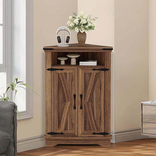 GarveeHome Corner Bathroom Cabinet, Small Corner Cabinet with Barn Doors & Adjustable Shelf, Farmhouse Bathroom Table with Storage for Small Spaces, Kitchen, Living Room, Brown