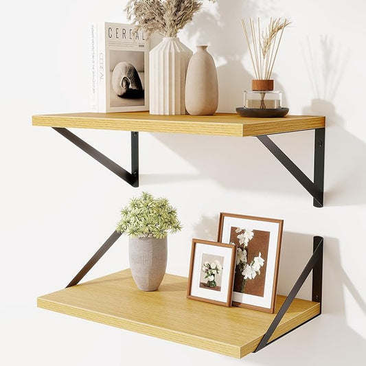 Acovy Floating Shelves for Wall,18" Wall Mounted Shelves Set of 2,Wood Floating Shelf with Bracket,Sturdy Metal Bracket Bookshelves Home Decor Storage for Living Room,Bedroom,Bathroom,Kitchen,Oak