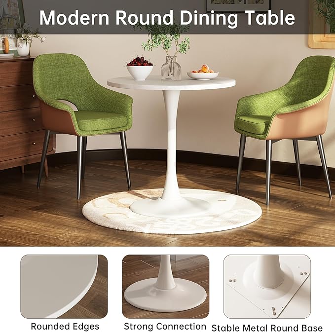 Round Dining Table 31.5" Circle Tulip Table with Wood Thickened Tabletop & Sturdy Metal Pedestal Mid Century Modern Leisure Bistro Kitchen Tables 4 People Small Places Living Room Cafe,White