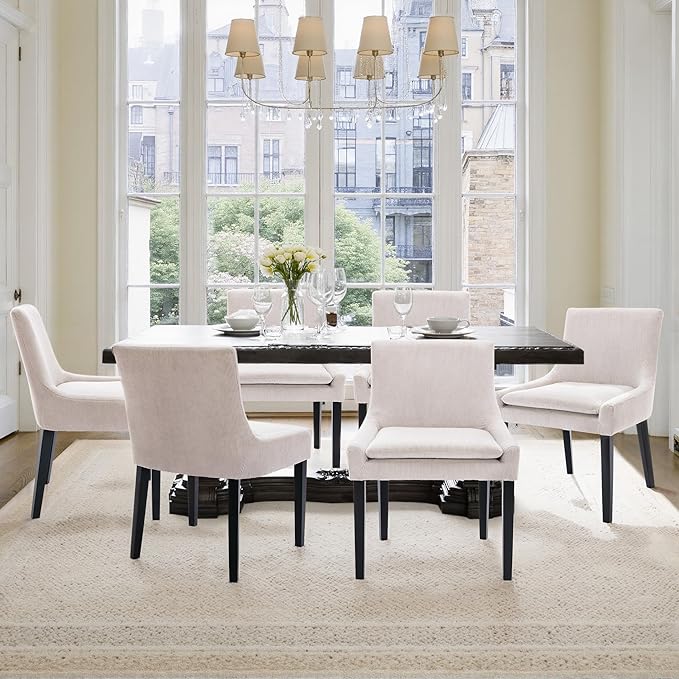 Dining Chairs Set of 6 – Extra Wide & Padded Corduroy Dining Chairs with Solid Wood Legs, High-Density Foam Cushion, Mid-Back Modern Kitchen Chairs for Comfortable Everyday Use