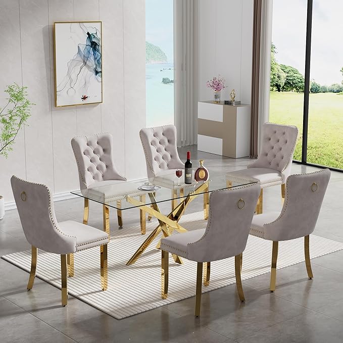 51" Glass Dining Table for 4-6, Modern Dining Room Table with 0.39" Tempered Glass Top and Cross X-Shaped Gold Stainless Steel Base, Rectangle Kitchen Dinner Table for Dining Room