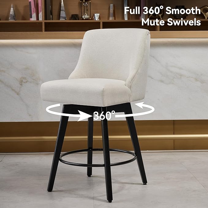 Vipbear Counter Height Bar Stools Set of 2, 26" H Swivel Bar Stools with Backs, Linen Fabric Upholstered Bar Chairs with Solid Wood Legs for Kitchen Island, Dining Room, Home Bar, White