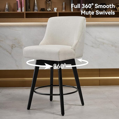 Vipbear Counter Height Bar Stools Set of 2, 26" H Swivel Bar Stools with Backs, Linen Fabric Upholstered Bar Chairs with Solid Wood Legs for Kitchen Island, Dining Room, Home Bar, White