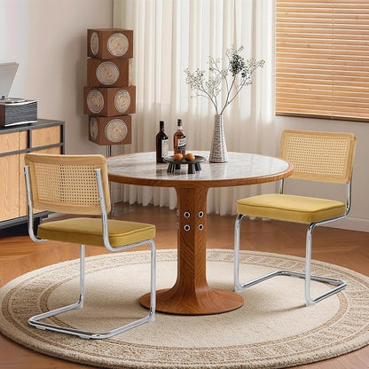 Rattan Back Velvet Dining Chair Set of 6 Modern Stainless Chrome Base Armless Upholstered Side Chair for Dining Room,Kitchen Island,Gold