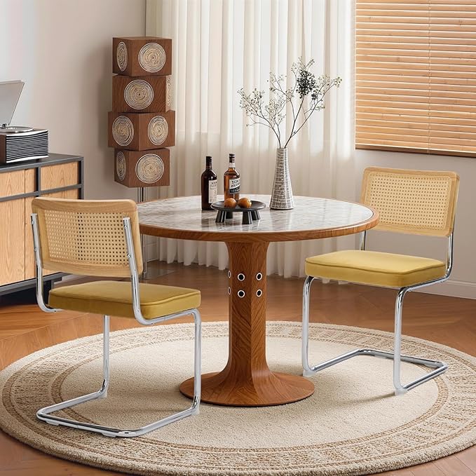 Rattan Back Velvet Dining Chair Set of 2 Modern Stainless Chrome Base Armless Upholstered Side Chair for Dining Room, Kitchen Island, Gold