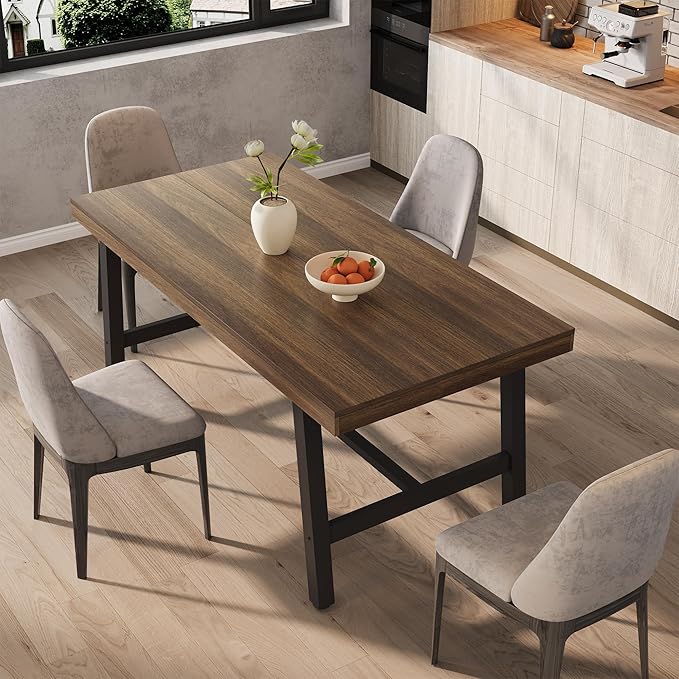 GarveeHome 63 Inch Small Space Dining Table for 4-6 People, Rectangular Kitchen Table for Apartment & Dining Room, Heavy Duty Metal Frame, Retro Brown