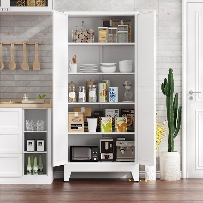 Kitchen Pantry Cabinet,71" H x 31.5" W,Metal Farmhouse Storage Cabinet with Adjustable Shelves and Barn Doors,5-Tier Storage Cabinet for Kitchen Dining Room Garage,White 1 Pack